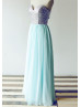 Silver Sequin Blue Chiffon Full Length Prom Dress